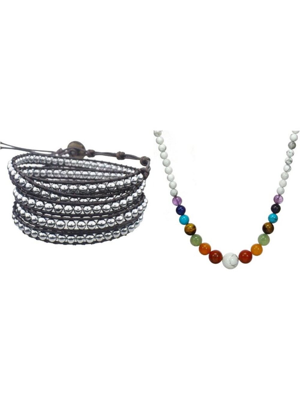 5 Wrap Hematite Bracelet & 7 Chakra White Turquoise Healing Necklace
